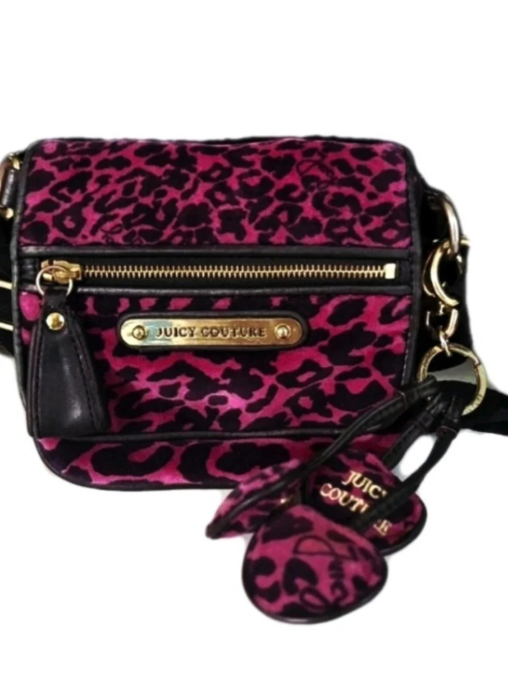 💗Rare Juicy Couture Y2k Small Fuschia Pink Black Velour Leopard Print Crossbody